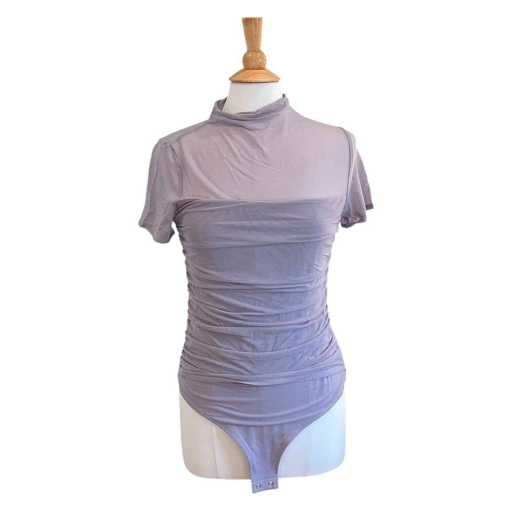 New Set of 2 REORIA Mock Neck Short Sleeve Sheer Ruched Bodysuits Lilac Khaki XL